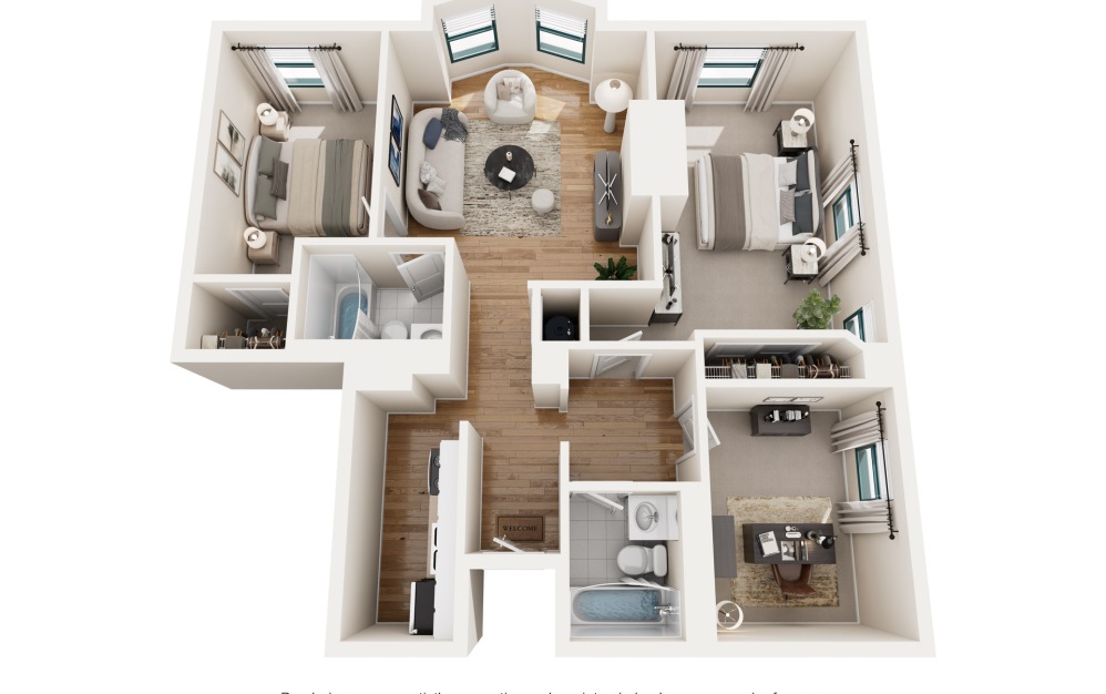 Cambridge - 2 bedroom floorplan layout with 2 bathrooms and 1100 square feet