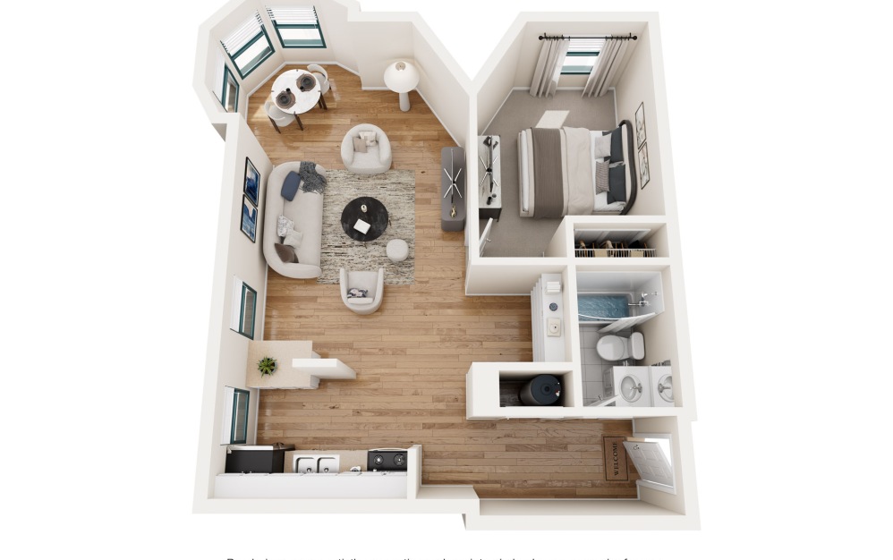 Elston - 1 bedroom floorplan layout with 1 bathroom and 725 square feet