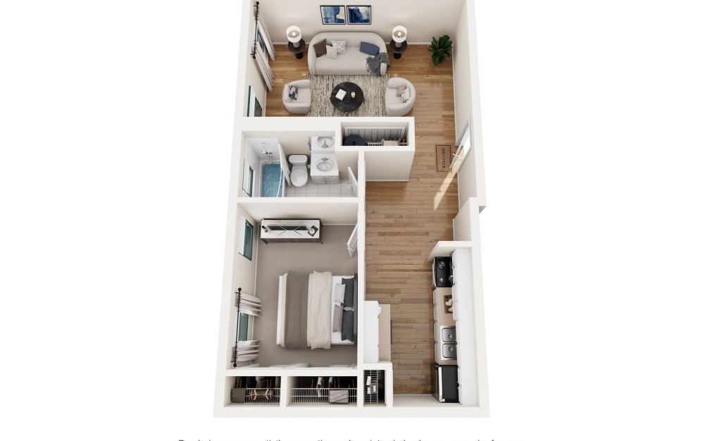 Noble - 1 bedroom floorplan layout with 1 bathroom and 650 square feet